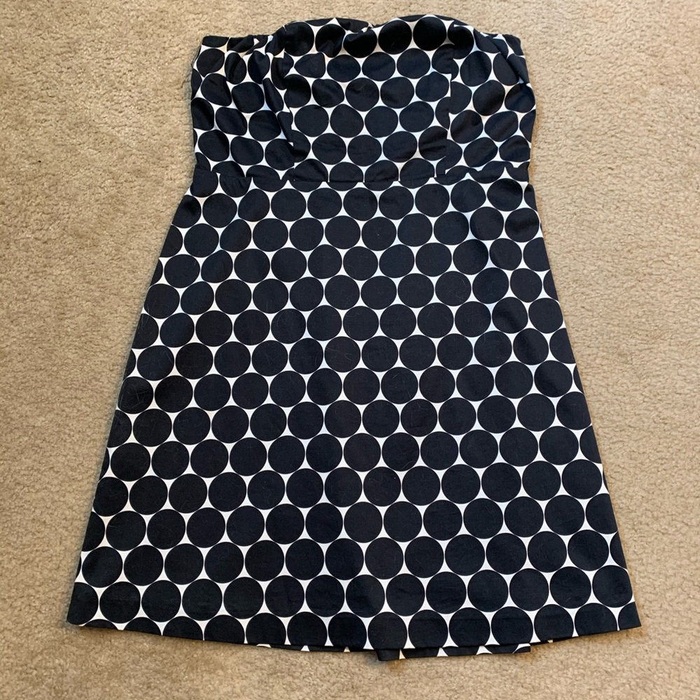 Strapless black and white polka dot dress